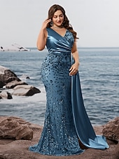 baratos Vestidos de Noite-sereia / trompete vestido de noite vestido formal brilhante festa à noite roupa de festa comprimento longo sem mangas decote em v capas com lantejoulas costas em v com xale de lantejoulas