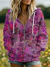 billige Blomstrete topper-Kvinners 3D Print Zip Up Hetter Blomster Grafisk Motemessig Kledelig Langermet Hetter Vanlige Topper Gate Hverdagsklær Patchwork Glidelås Lomme Rød Blå Lilla Fuchsia Grønn Vår Høst