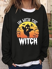 abordables Sweatshirt et Hoodie d&#039;Halloween-Sweatshirts Femme Halloween Graphique Chauve-souris Lettre Vintage Mode Décontractée Manches Longues Col Ras du Cou Tops Normaux Imprimé Décontracté Noir Rouge Marron Vert Kaki Automne Hiver