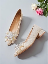 economico Formale-scarpe da sposa da donna con tacco basso e blocco in pizzo glitterato - eleganti décolleté da sposa con punta a punta e fiocco di cristalli per spose, damigelle ed eventi formali