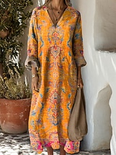 preiswerte Streifen- und geometrische Kleider-Damen Maxikleid Sommerkleid A Linie Kleid Urlaub Lässig Boho Party Ferien Strand Normale Passform Blumen Grafik Geometrisch Langarm V Ausschnitt Gelb Rote Blau Orange Sommer Frühling Herbst