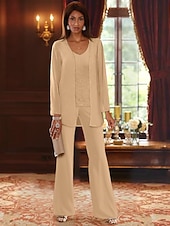 voordelige Broekpakken van mama-Strand Bruiloft Jumpsuit  Pantsuit 3 Delig Moeder van de Bruid Formele Bruiloft Gast Elegante V-Hals Vloerlengte Chiffon Lace Lange Mouw Jas met Applicaties