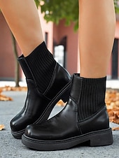 abordables Botas del Chelsea-Botines Chelsea negros para mujer: botines de piel sintética con paneles laterales elásticos para el estilo urbano, el trabajo y los looks informales de otoño.