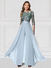 levne Máminy kombinézy-Květinový overal vyšívaná matka nevěsty formální svatba elegantní vintage iluze krk dlouhá sukně šifon poloviční rukáv se třpytkami závodní den šaty