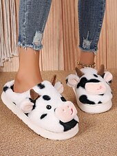 ieftine Flip-Flops de Damă-Papuci drăguți de pluș pentru femei, cu model de vacă, cu design 3D cu animale și căptușeală moale – pantofi confortabili de iarnă pentru casă și cadouri de sărbători