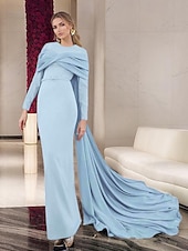 economico ROSSO-abito da sera a sirena/tromba, elegante, formale, da sposa, con strascico, manica lunga, girocollo, in crêpe elasticizzato con pieghe, 2025