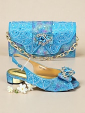 baratos cocktail-Conjunto de sapatos de salto alto com strass dourados e clutch combinando para mulheres, traje de festa brilhante e enfeitado para coquetéis