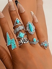 Women's Turquoise Ring Set - Multi-Piece Set of Vintage Bohemian Alloy Jewelry for Women's Holidays, Beach Vacations and Everyday Wear cheap Women's Rings-Women's Turquoise Ring Set - Multi-Piece Set of Vintage Bohemian Alloy Jewelry for Women's Holidays, Beach Vacations and Everyday Wear