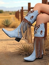 billige Cowboy og vestlige støvler-Blå og brune cowboystøvler med westernfrynser til dame – knehøye støvler med broderi i imitert skinn for rodeo-stil, countrykonserter og festivalantrekk