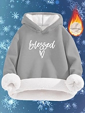baratos Moletons forrados de fleece-Mulheres Pulôver Moletom Com Capuz Letra Roupa de rua Casual Manga Longa Com Capuz Tops regulares Rua Feriado Imprimir Azul Marinha Cinzento Claro Inverno