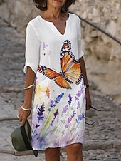 abordables Robes Floraux Imprimés-Femmes Robe Midi Robe Décontractée Robe Imprimée Mode Moderne Quotidien Plage Week-end Coupe régulière Fleuri Papillon Manche 3/4 Col ras du cou Jaune Bleu Violet Orange Été Printemps Automne