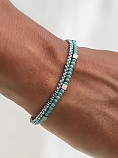 رخيصةأون مجوهرات رجالية-مجموعة أساور رجالية من الخرز الفيروزي والسلسلة الفضية - مجوهرات قابلة للتعديل على طراز شاطئ بوهو للملابس غير الرسمية والصيفية وملابس العطلات