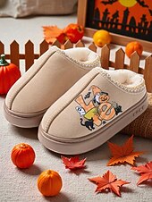 abordables Pour les femmes-Chaussons d&#039;Halloween doublés de polaire pour femmes - chaussures d&#039;intérieur confortables avec imprimé citrouille de dessin animé, semelle antidérapante douce, style automne-hiver chaud pour la maison et les cadeaux de vacances