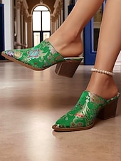 economico Anni &amp;#39;50-sandali con tacco a blocco in jacquard verde anni &#039;50 da donna – sandali con tacco a blocco slip-on in broccato floreale per look di ispirazione vintage, outfit eleganti ed eventi culturali