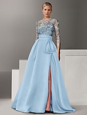 abordables Robes de Soirée en A-Robe de soirée A-Line brodée de fleurs élégante robe formelle de mariage longueur sol demi-manches col chemise en satin avec nœud(s) fente
