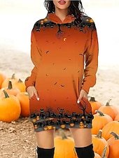 tanie Strój na Halloween-Damskie Sukienka mini Sukienka trapezowa Codzienny Urlop Święto Weekend Regularny Graficzny Kot Dynia Długi rękaw Kaptur Biały Fioletowy Pomarańczowy Jesień Zima