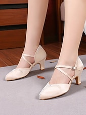 abordables Chaussures de danses latines-Chaussures de danse de salon en satin à brides croisées pour femmes - Talons à strass style Gatsby des années 1920 pour performances professionnelles latines et fêtes vintage