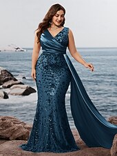 baratos Vestidos de Noite-sereia / trompete vestido de noite vestido formal brilhante festa à noite roupa de festa comprimento longo sem mangas decote em v capas com lantejoulas costas em v com xale de lantejoulas