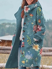 billige 3D frakker-Dame Vinterjakke Fleece-jakke Frakk Hold Varm Pustende Lomme Knapper Trykt mønster Aktiv Daglig Fritid Blomstret Feriereise Gate Daglig Enkeltkneppet Lang Hettegenser Normal Langermet Yttertøy Gul