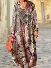 preiswerte Blumenkleider-Damen Midikleid Sommerkleid A Linie Kleid Urlaub Lässig Boho Ausgehen Strand Lässiger Schnitt Grafik Geometrisch Langarm V Ausschnitt Rote Purpur Grün Frühling Herbst Winter