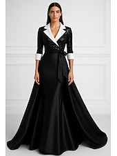 abordables Robes de smoking-Robe de Soirée A-Line Noir et Blanc Sequins Élégante Robe Blazer Formelle Mariage Longueur au Sol Manches 3/4 Col Chemise Poche Satin avec Nœud(x) Perles