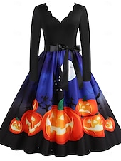 ieftine Rochie de Halloween-Rochie midi de Halloween pentru femei cu imprimeu de dovleac rochie în formă de A casual zi de zi vacanță croială regulată dovleac mânecă lungă guler în V galben albastru mov portocaliu vară