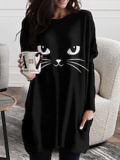 Halloween Women's T shirt Black Cat Graphic Fashion Long Sleeve Crew Neck Long Tops Daily Going out Weekend Pocket Print Black Blue Spring Fall4