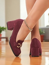 abordables Chaussures sans lacet et mocassins femme-Mocassins à talon carré en daim bordeaux pour femmes - chaussures habillées à enfiler à bout carré avec détail mors doré, style rétro classique pour le bureau, les tenues d&#039;affaires et les occasions