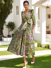 economico Abiti da cocktail-Abito A-Line in jacquard abito cocktail elegante abito formale invitata al matrimonio lunghezza al pavimento maniche lunghe scollo a V con tasca in nylon con fiocco(i) e tasca con spacco