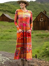 preiswerte Kunst &amp; Design Kleid-Damen Maxikleid T-Shirt-Kleid Lässig Täglich Ausgehen Normale Passform Grafik Geometrisch Langarm Rundhalsausschnitt Rote Leicht Braun Orange Braun Sommer Frühling Herbst