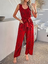 cheap Vacation Jumpsuit-Women's Normal Jumpsuit Active Geometric Sleeveless Wide Leg V Neck Lace up Print Daily Vacation Loose Fit Black Red Green Summer