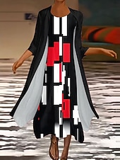 ieftine Rochie cu dungi și geometrică-Pentru femei Set de rochii Rochie Maxi Rochie de schimb Rochie de vară Casual Grafic Geometric Multistratificat Imprimeu Rochie Maxi Lungime Manșon 3/4 Stil Nautic Zilnic Alb Roșu-aprins Primăvar