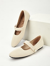 billiga Platta damskor-Beige stickade Mary Jane-skor med pärlrem för kvinnor - lätta, andningsbara vardagsskor för vardagsbruk, resor och kontorskläder