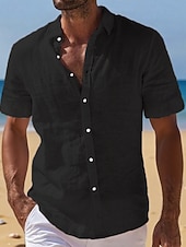  Men's Linen Shirt Summer Shirt Beach Wear Button Up Shirt Plain Vacation Curise Black White Light Green Pink Short Sleeve Turndown Summer Clothing Apparel