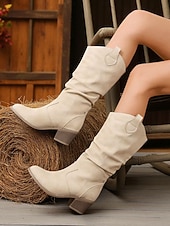 olcso Slouch Boots-női barna bő szárú, félvádrájú csizma – vastag sarkú, western stílusú csizma őszi divathoz, szabadtéri eseményekhez és hétköznapokra