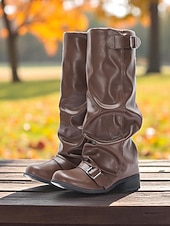 abordables Bottes à la mode-Bottes d&#039;équitation marron pour femmes - style équestre souple en similicuir avec sangles à boucle et talon bas, chaussures décontractées d&#039;automne et d&#039;hiver pour événements en plein air, festivals