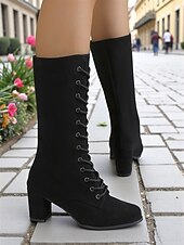 abordables Bottes à la mode-bottes à lacets en daim marron pour femmes - bottes mi-mollet vintage modernes avec talons épais pour la mode de tous les jours, les promenades d&#039;automne et les costumes à thème