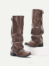 abordables Bottes à la mode-Bottes d&#039;équitation marron pour femmes - style équestre souple en similicuir avec sangles à boucle et talon bas, chaussures décontractées d&#039;automne et d&#039;hiver pour événements en plein air, festivals