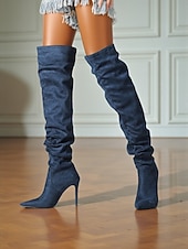 abordables Bottes souples-Bottes hautes pour femmes, style jambe large, convertibles au-dessus du genou, bottes à talon aiguille à bout pointu en daim pour des tenues de mode décontractées urbaines