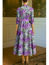 preiswerte Cocktailkleider-lila geblümtes A-Linien-Abendkleid, elegantes Kleid, formelle Hochzeit, bodenlang, halbe Ärmel, V-Ausschnitt, Tasche, Nylon mit Blumendruck 2025