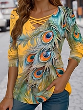 Women's T shirt Long Sleeve Graphic Animal Vintage Casual Trendy Long Sleeve V Neck Regular Tops Daily Cut Out Print Yellow Blue  Spring Fall Prefall4