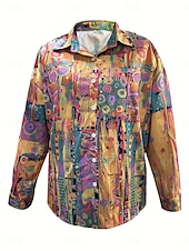  Damenbluse aus leinenähnlichem atmungsaktivem leichtem grafischem geometrischem vintage täglichen lässigen langen Ärmeln Shirt-Kragen regelmäßige Tops täglich Urlaub Print gelb rot blau lila grün