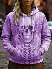 billige Halloween hettegenser og hettejakke-Dame Pullover hettegenser-genser Grafisk Hodeskaller Fritid Langermet Med hette Vanlige topper Festkveldsklær Gate Hverdag Hvit Rosa Blå Lilla Kakifarget Vår Høst Vinter