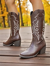 abordables Cowboy y botas occidentales-Botas vaqueras estilo western para mujer, color marrón moca, con detalles bordados en blanco y tacones de bloque, estilo bohemio estilo western.