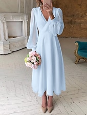economico Abiti bianchi-Ricevimento di matrimonio in spiaggia piccolo abito bianco abiti per il bridal shower abiti da sposa A-Line scollatura a V maniche lunghe lunghezza alla caviglia chiffon abiti da sposa con colore