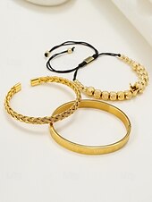economico Gioielli da uomo-set di bracciali da uomo in acciaio inossidabile dorato: bracciale a 3 pezzi con corona di perline, polsino intrecciato e bracciale con numeri romani per abiti alla moda, feste e occasioni speciali