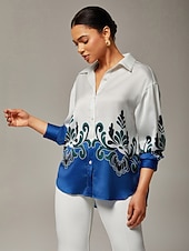 economico Bluse e camicie-camicetta in raso da donna, top eleganti, stampa multicolore audace, stampa posizionata in modo brillante, vestibilità classica, viscosa verde acqua, manica lunga, lavoro, quotidiano, elegante, alla moda, autunno