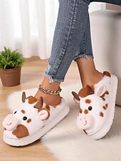 ieftine Flip-Flops de Damă-Papuci drăguți de pluș pentru femei, cu model de vacă, cu design 3D cu animale și căptușeală moale – pantofi confortabili de iarnă pentru casă și cadouri de sărbători