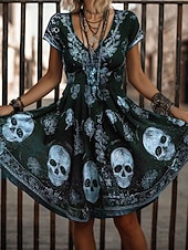 tanie Strój na Halloween-Halloween Damskie Sukienka mini Codzienne sukienki Sukienka t-shirtowa Sukienka letnia Sukienka A line Urlop Codzienny Boho Plaża Regularny Graficzny Czaszka Krótki rękaw W serek Biały Rumiany r