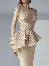 cheap Floor Length-Mermaid Mother of the Bride Dress Formal Wedding Guest Elegant Scoop Neck Floor Length Lace Stretch Fabric Long Sleeve with Ruffles Appliques